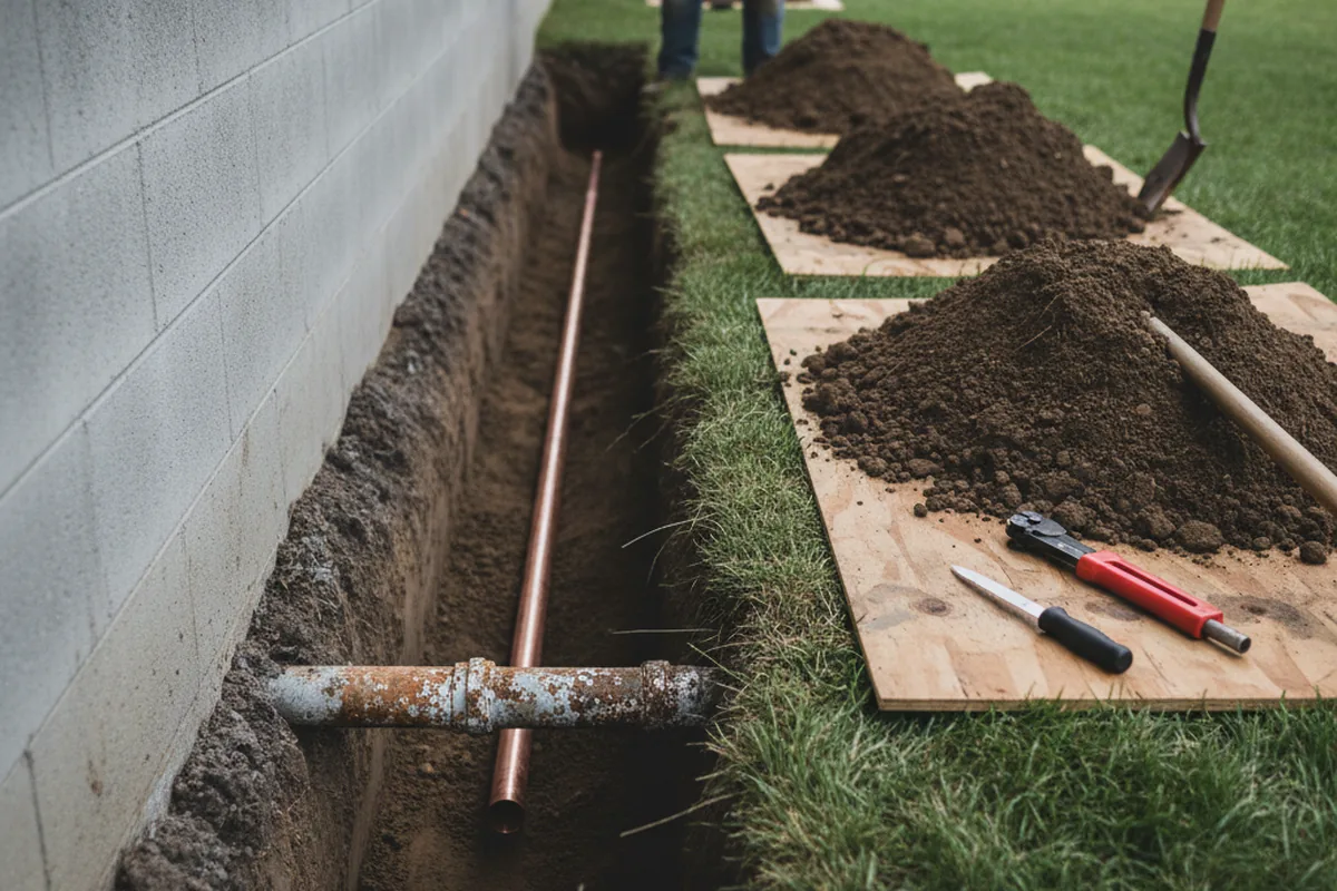 Excavated water line trench during Sewer Line Repair in Kanarraville